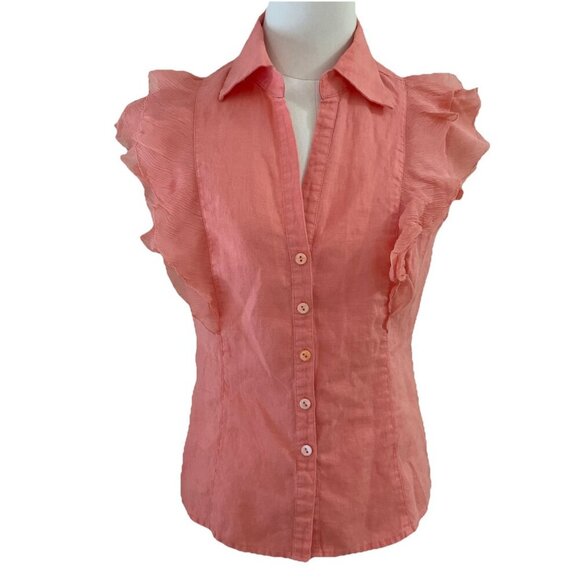 Tracy M 100% Linen Button Down Top Blouse Size S Salmon Ruffle Front Romantic - Picture 1 of 8